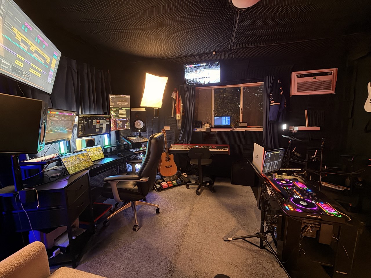 Music production studio in Los Angeles - multi-monitor Ableton setup, studio monitors, professional gear